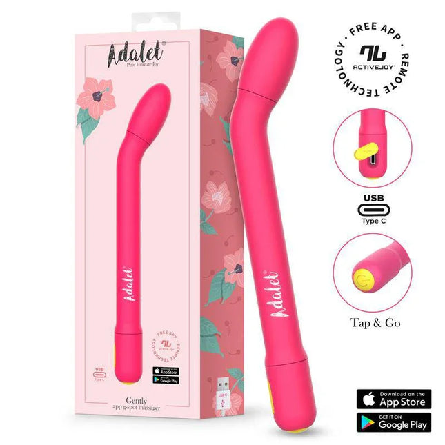 Gently G-Point Vibrator with APP Pink displayed with packaging and app compatibility icons