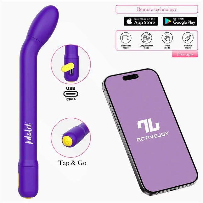 Gently G-Point Vibrator with APP Purple by Adalet showing curved tip and app-enabled controls with compatible smartphone display.