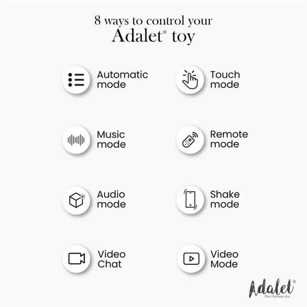 Image showing 8 ways to control Adalet toy: Automatic, Touch, Music, Remote, Audio, Shake, Video Chat, Video Mode.