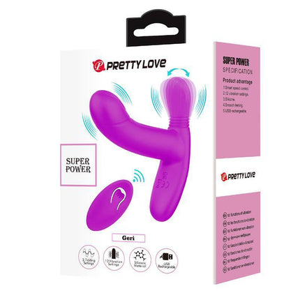 Geri Licking and Vibrating Massage with Remote dual-action vibrator with purple color and remote, featuring 12 customizable vibration functions.