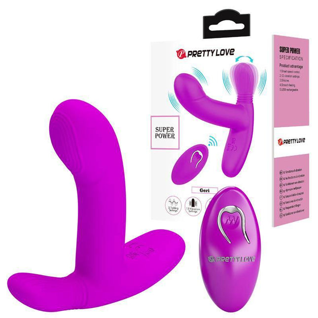 Geri Licking and Vibrating Massage with Remote shown in purple with packaging highlighting its dual-action features and 12 vibration functions.