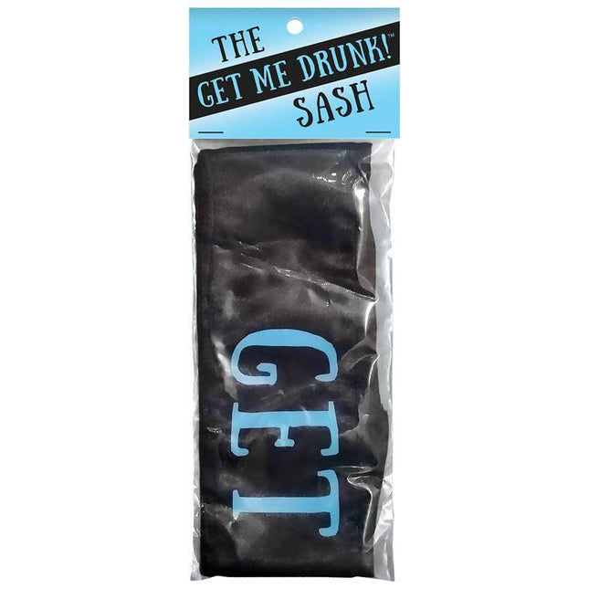 Black sash with blue 'GET ME DRUNK!' text, perfect for parties. Get Me Drunk Sash ideal for fun celebrations with drinks.