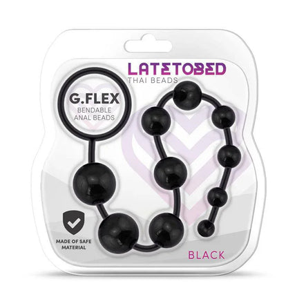 G.Flex Bendable Thai Anal Beads Black in packaging, featuring flexible body-safe design with ascending bead sizes for enhanced pleasure.