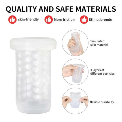 Features of Gia Cup Thrusting and Rotating Masturbator with skin-friendly materials and 3 layers for enhanced friction.