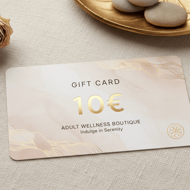 Gift Cards 10€ for flexible gifting with value and choice for any occasion, shown on elegant design for Adult Wellness Boutique.