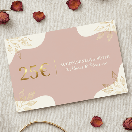 Gift Cards 25€ with a pink and gold design surrounded by rose petals.