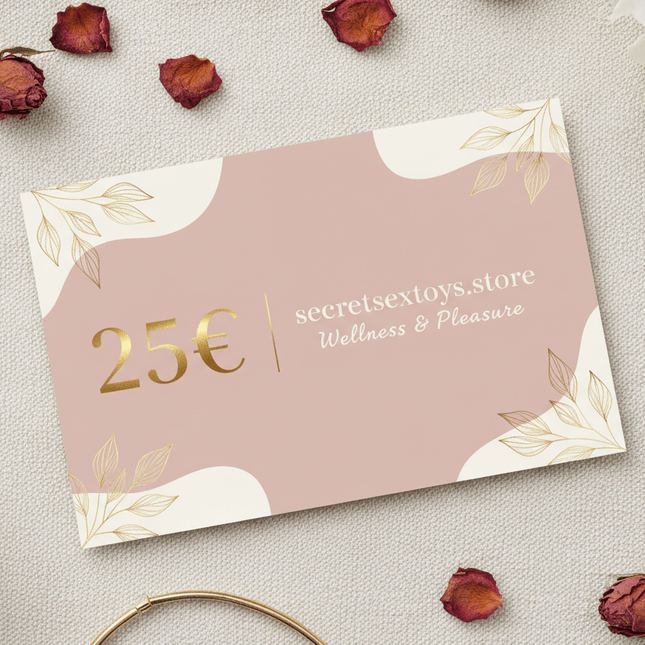 Gift Cards 25€ with a pink and gold design surrounded by rose petals.