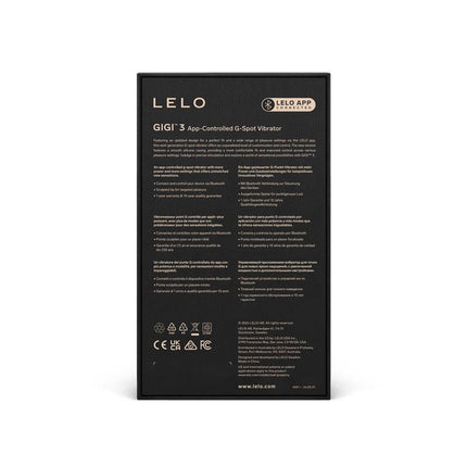 Back packaging of Gigi 3 Deep Rose app-controlled G-spot vibrator by Lelo, highlighting features and app compatibility.