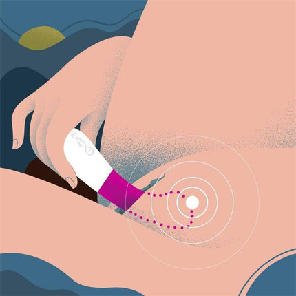 Illustration of using Gigi 3 Deep Rose vibrator for precise G-spot stimulation with app connectivity and soft silicone design.