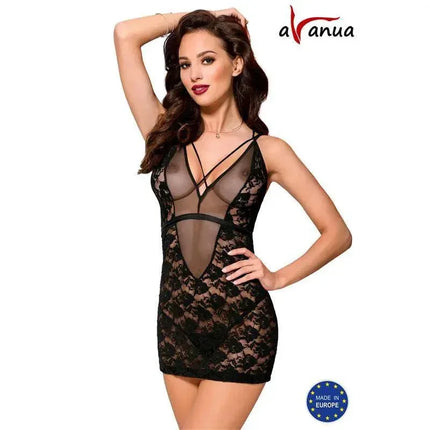 Model wearing Gigi Chemise Black lingerie with floral lace and semi-transparent grid, showcasing elegant design and seductive style.