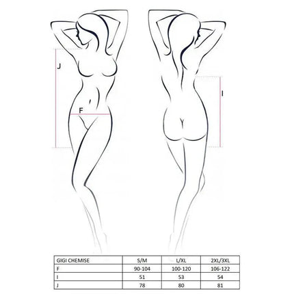 Size chart illustration for Gigi Chemise Black showing measurements for S/M, L/XL, XXL/XXXL.