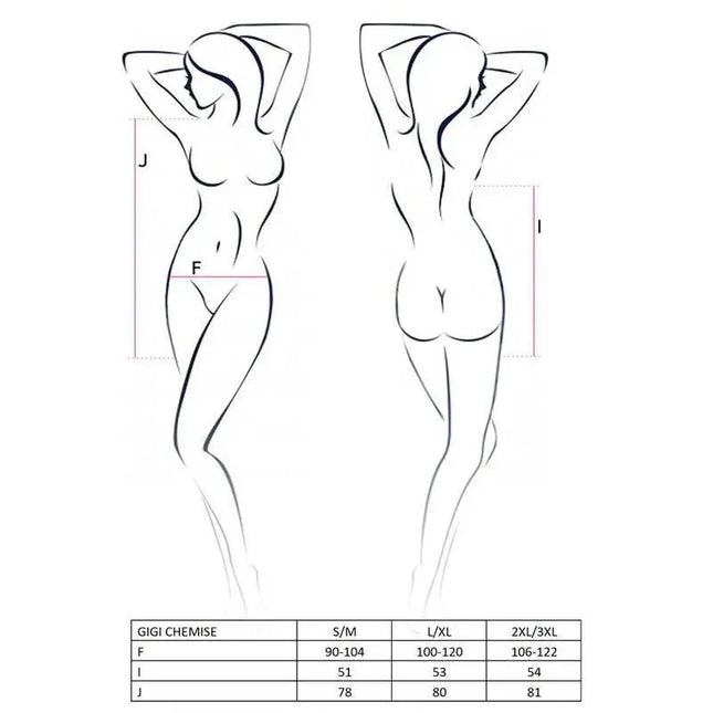 Size chart illustration for Gigi Chemise Black showing measurements for S/M, L/XL, XXL/XXXL.