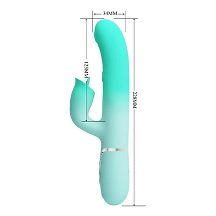 Gigi Rabbit Vibrator Thumping and Licking with dual stimulation design and precise measurements in green.