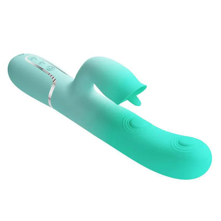 Gigi Rabbit Vibrator Thumping and Licking in teal color with dual-stimulation design, featuring multiple pulsation and tongue modes.