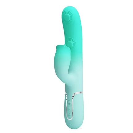 Gigi Rabbit Vibrator Thumping and Licking for dual-stimulation, teal design, featuring 7 pulsation and tongue modes for an immersive experience.