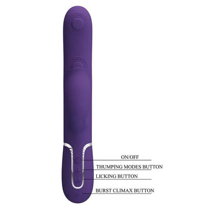 Gigi Vibe with thumping and licking, dual-motor vibrator with labeled buttons for customizable pleasure settings in purple.