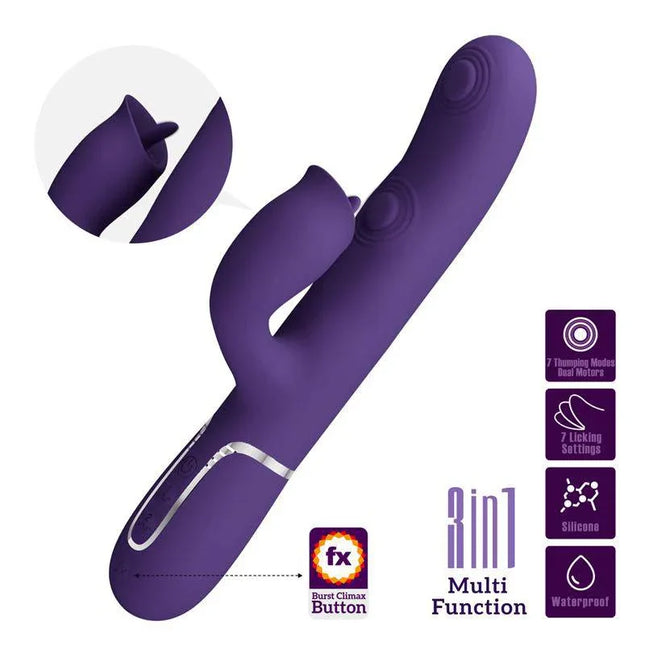 Gigi Vibe with thumping and licking showcasing dual motors with silicone design and multiple settings for personalized pleasure.