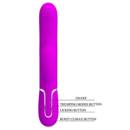 Gigi Vibrator Licking and Thumping Fuchsia showing buttons for on/off, thumping, licking, and burst climax.