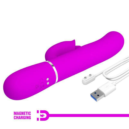 Gigi Vibrator Licking and Thumping Fuchsia with magnetic charger and dual-action stimulation features.