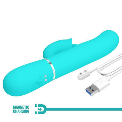 Gigi Vibrator Licking and Thumping Turquoise with magnetic charging USB cable, featuring tongue-like stimulation and 7 pulsation modes.