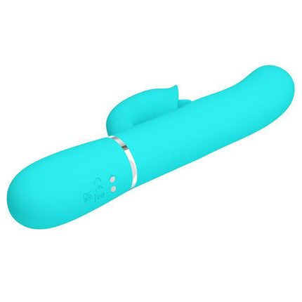 Gigi Vibrator Licking and Thumping Turquoise in body-safe silicone with 7 pulsation modes displayed on a white background.