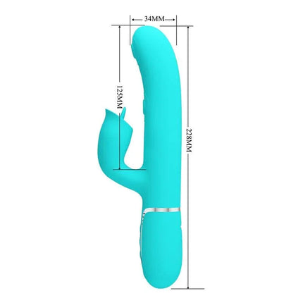 Gigi Vibrator Licking and Thumping Turquoise with measurements, featuring a sleek design for personalized pleasure and comfort.