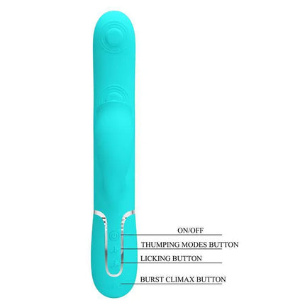 Gigi Vibrator Licking and Thumping Turquoise with labeled buttons for easy control and customization.