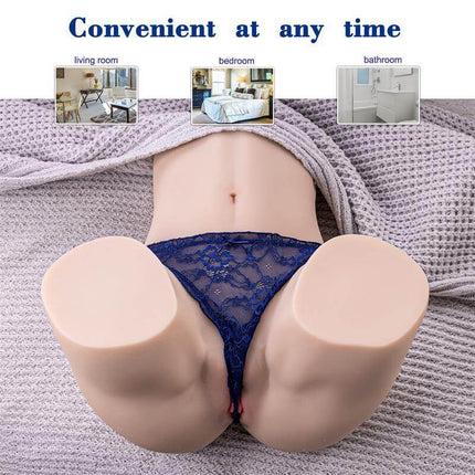 Gina Masturbator with Thrusting 12.5 kg, realistic torso sex toy on woven blanket, featuring life-like waist and lace lingerie.