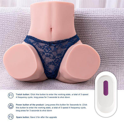 Gina Masturbator with Thrusting 12.5 kg realistic torso sex toy with blue lace panties and remote control on a gray surface.