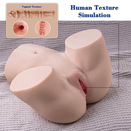 Gina Masturbator with Thrusting 12.5 kg realistic torso sex toy, showcasing lifelike design with human texture simulation on gray fabric.