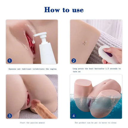 Instructions for using Gina Masturbator with Thrusting 12.5 kg, detailing lubricating, powering on, using, and cleaning the product.