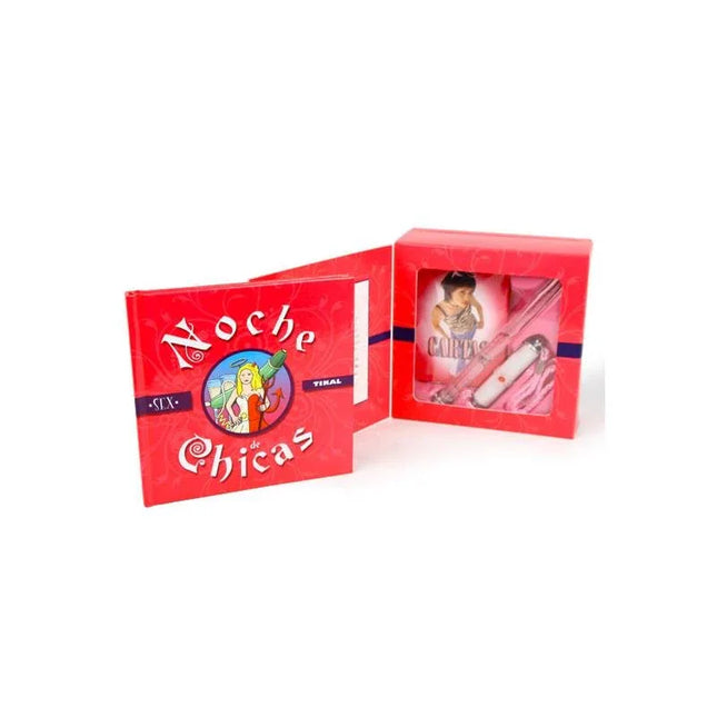 Girls Night Game party set with games and jokes for memorable gatherings, showcasing vibrant kit with book and playful accessories.