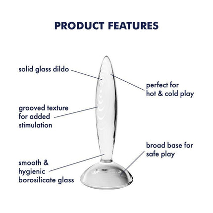 Glass Butt Plug with Sparkling Crystal for Temperature Play showcasing product features like solid borosilicate glass and grooved texture.