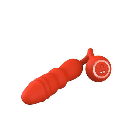 Glitz Stimulator with Vibration and thrusting, red silicone design, 10 vibration and 9 thrusting functions, waterproof, rechargeable via USB.