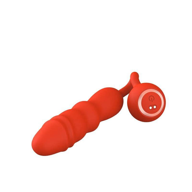 Glitz Stimulator with Vibration and thrusting, red silicone design, 10 vibration and 9 thrusting functions, waterproof, rechargeable via USB.