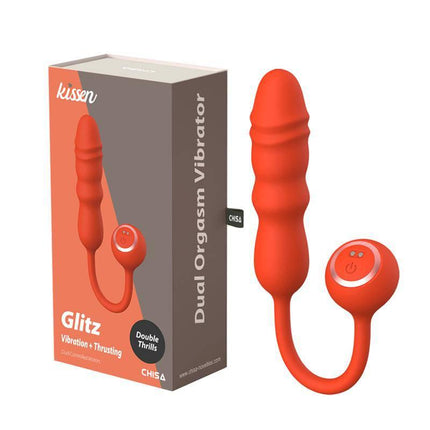 Glitz Stimulator with Vibration and thrusting featuring 10 vibration and 9 thrusting functions, silicone design, and magnetic USB recharge.