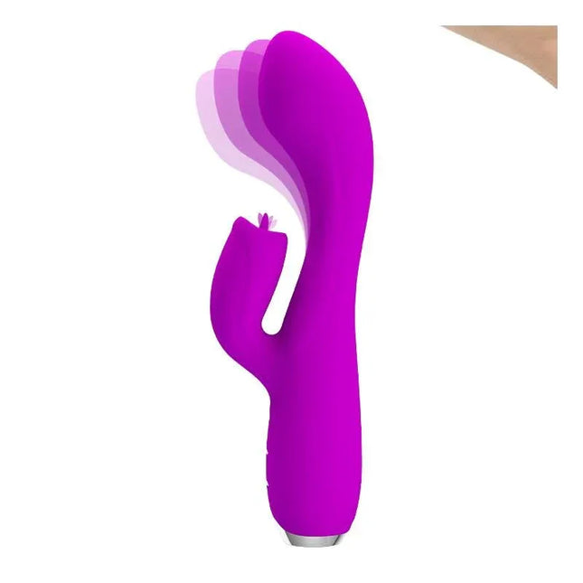 Purple Gloria Vibe with tongue USB, soft silicone vibrator for G-spot and clitoral stimulation with curved silhouette
