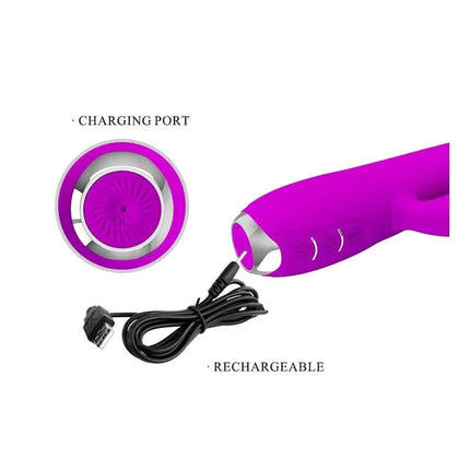 Gloria Vibe with tongue USB vibrator showing charging port and rechargeable feature in vibrant purple silicone.