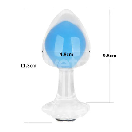 Glow in the Dark Butt Plug - Gemoria Steel Ball Design with blue illumination and ergonomic shape, measuring dimensions of 11.3cm by 9.5cm.