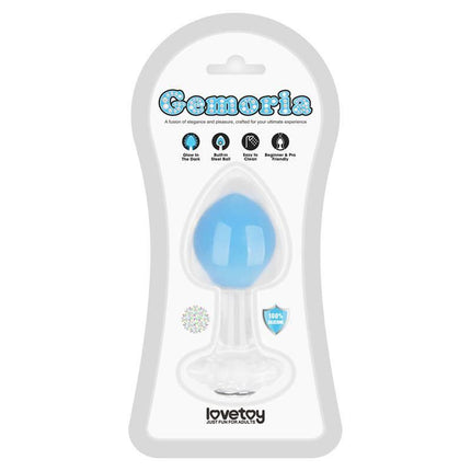 Glow in the Dark Butt Plug - Gemoria Steel Ball Design in retail packaging with playful blue illumination.