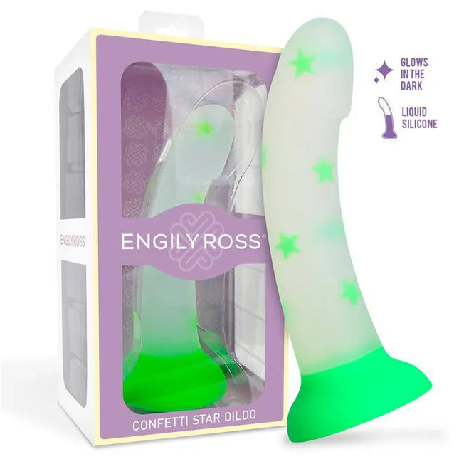 Glow-in-the-Dark Dildo Confetti Star 17 cm in packaging with green base and star pattern, highlighting liquid silicone material.