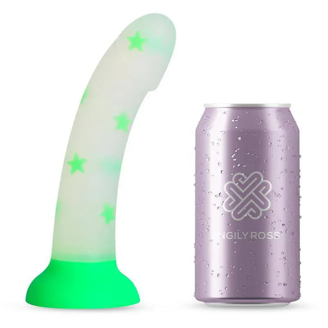 Glow-in-the-Dark Dildo Confetti Star 17 cm next to a standard can for size comparison