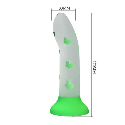 Glow in the Dark Dildo with Suction Cup and Harness, luminous silicone with bunny shapes, 33mm width, 170mm height.