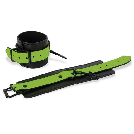 Glow in the Dark Handcuffs made from neoprene and vegan leather, featuring a distinctive green glow for bold expression.