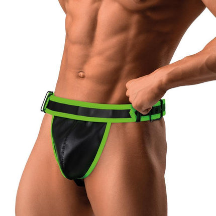 Glow in the Dark Jockstrap featuring vegan leather and neon green accents for a striking appearance in low light.