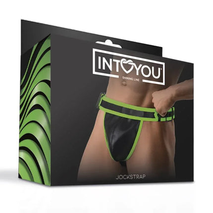 Glow in the Dark Jockstrap packaging with green accents from Intoyou Shining Line, highlighting glow-in-the-dark vegan leather.