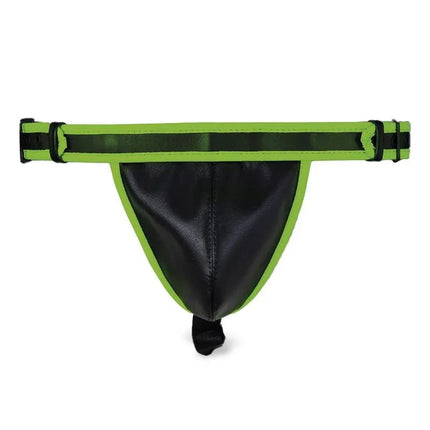 Glow in the Dark Jockstrap with vegan leather and vibrant green accents, perfect for intense fetish experiences.