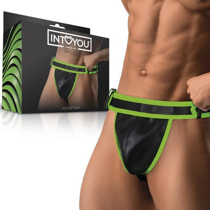 Glow in the Dark Jockstrap by Intoyou, featuring vegan leather with vibrant green accents, ideal for exploring sensuality and fetishism.
