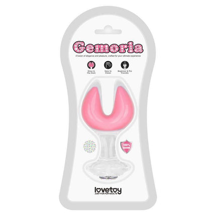 Glow in the Dark Silicone Butt Plug by Gemoria in packaging, featuring a pink glow-in-the-dark design with ergonomic double crescent tips.
