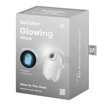 Packaging of the Glowing Ghost Clitoris Sucker Glows in the dark, featuring air pulse vibrator and silicone material.